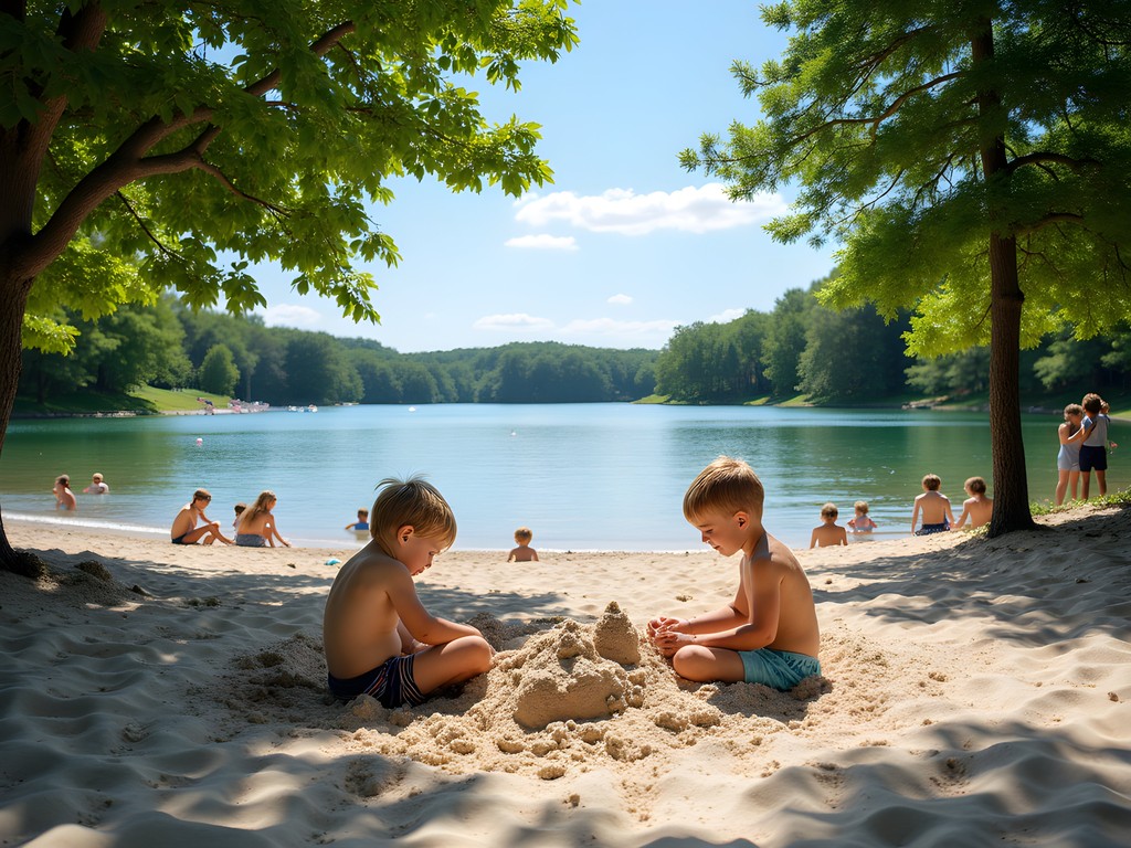 Families enjoying sandy beach area at Raccoon River Park West Des Moines Iowa