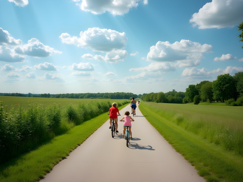 Family biking together on paved Raccoon River Valley Trail in West Des Moines Iowa
