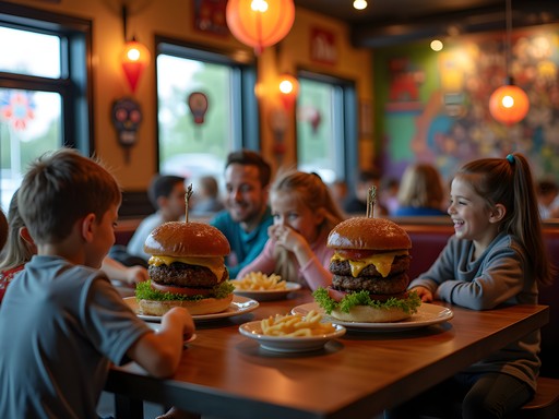 Family enjoying creative themed burgers at Zombie Burger restaurant West Des Moines