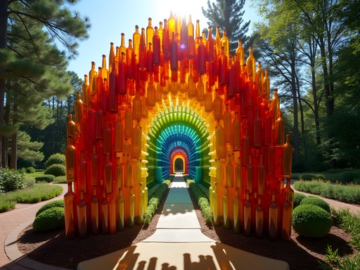 Colorful bottle chapel art installation at Airlie Gardens with sunlight creating patterns
