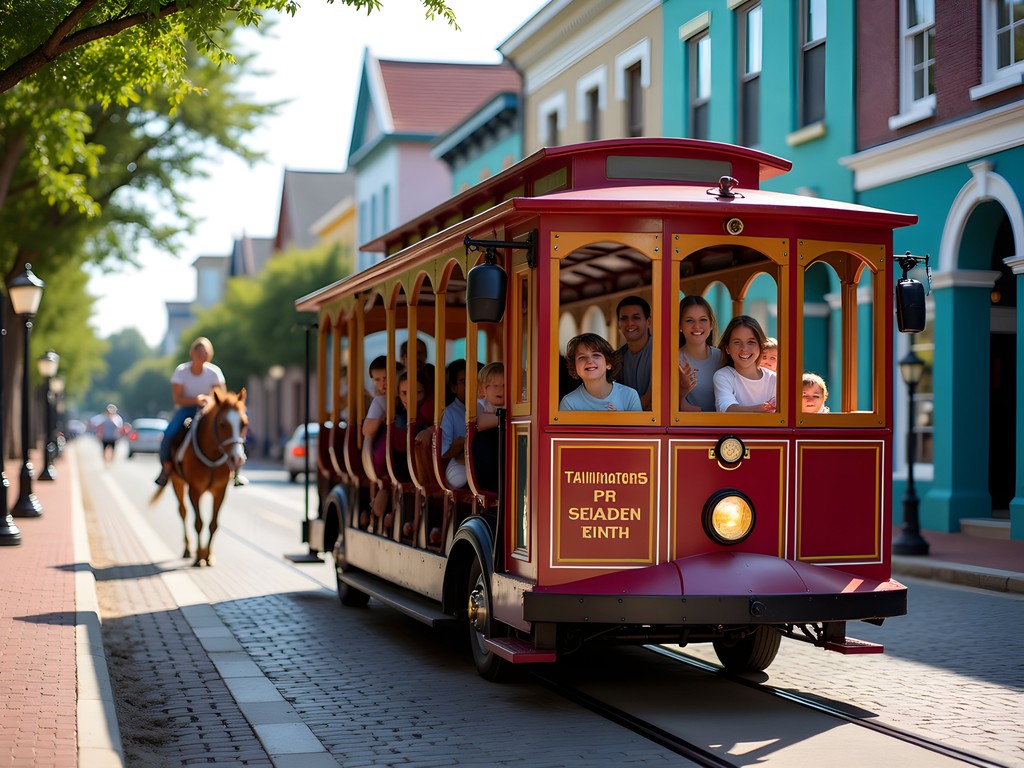 Family enjoying historic trolley tour through downtown Wilmington