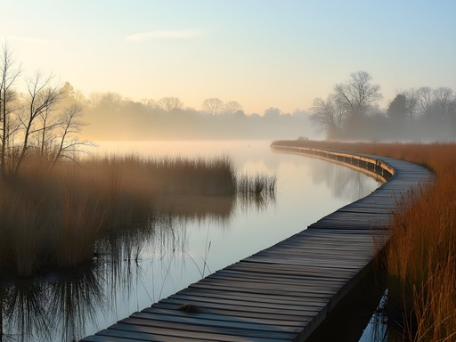 Peaceful spring morning at Woodbridge New Jersey waterfront with walking path and wetlands