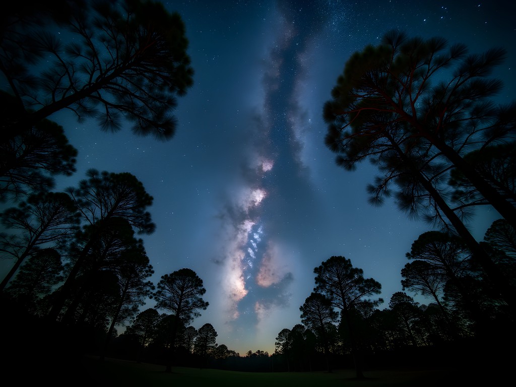 Night sky with stars visible through pecan trees in an orchard outside Albany, Georgia