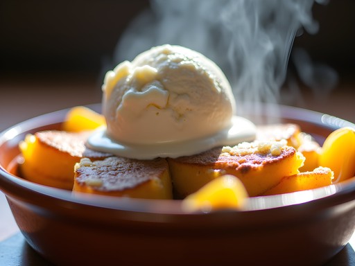 Warm Georgia peach cobbler topped with vanilla ice cream in a rustic ceramic dish
