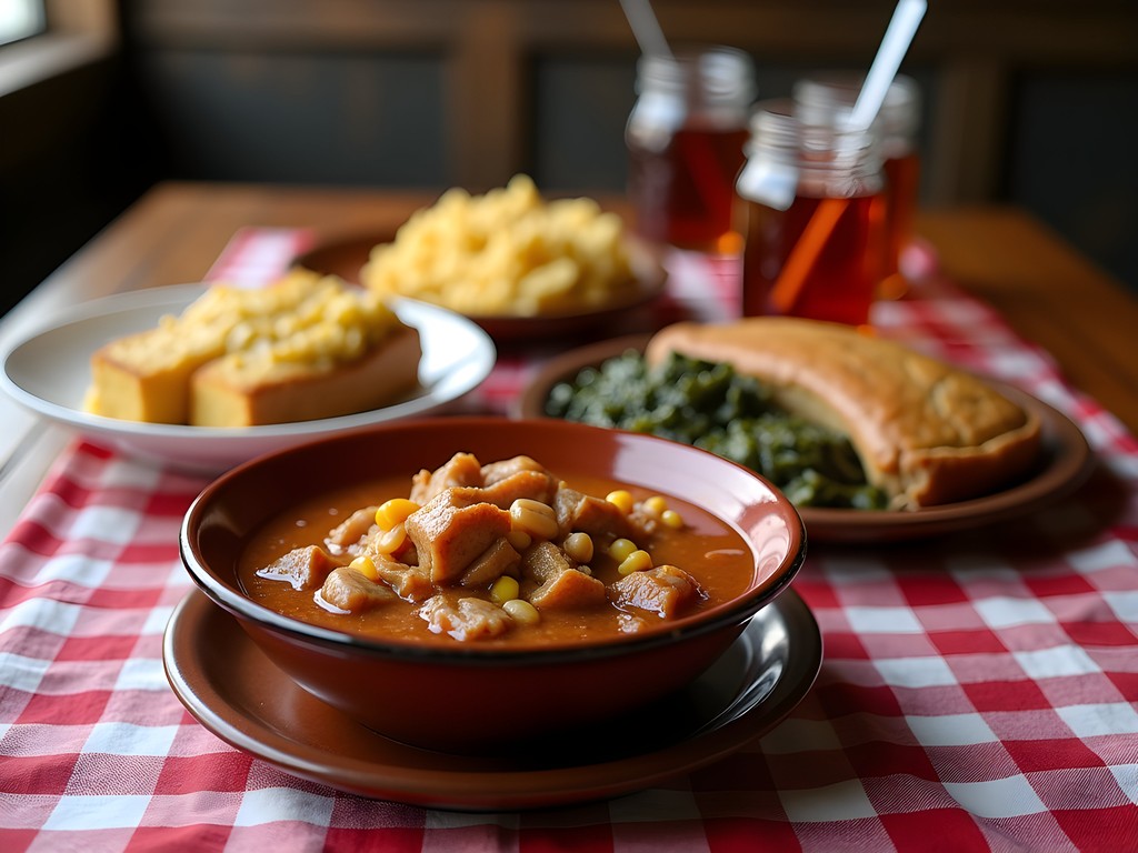 Traditional Southern food spread including Brunswick stew, collard greens, and cornbread in Albany, Georgia