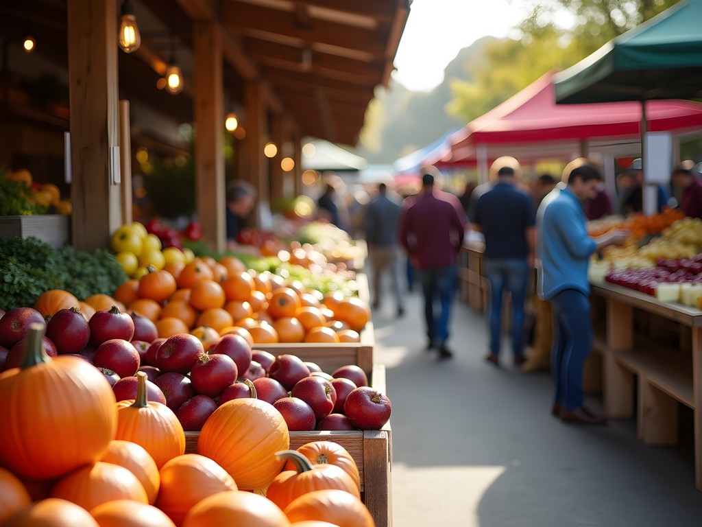 Bustling Troy Waterfront Farmers Market with colorful fall produce displays