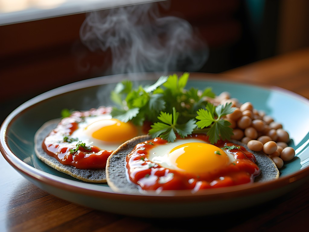 Christmas-style huevos rancheros with both red and green chile on blue corn tortillas