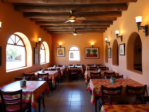 Interior of traditional New Mexican restaurant in Old Town Albuquerque with adobe walls and vigas ceiling