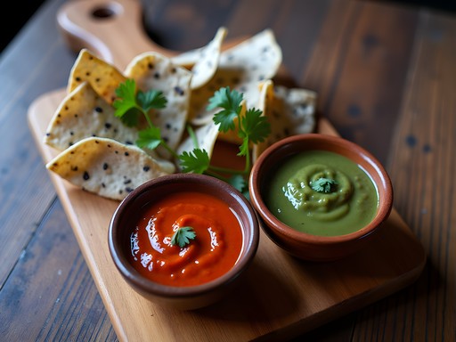 Side-by-side tasting of red and green chile sauces with blue corn chips