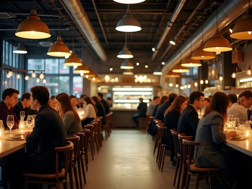 Bustling interior of Foodhallen Amsterdam with gourmet food stalls