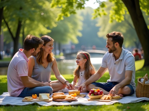 Family enjoying market food picnic in Vondelpark Amsterdam
