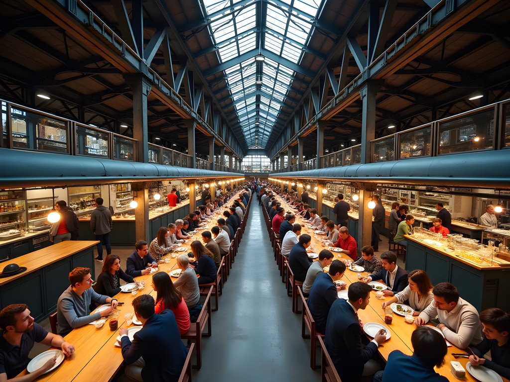 Interior of Foodhallen Amsterdam showing food stalls and communal seating