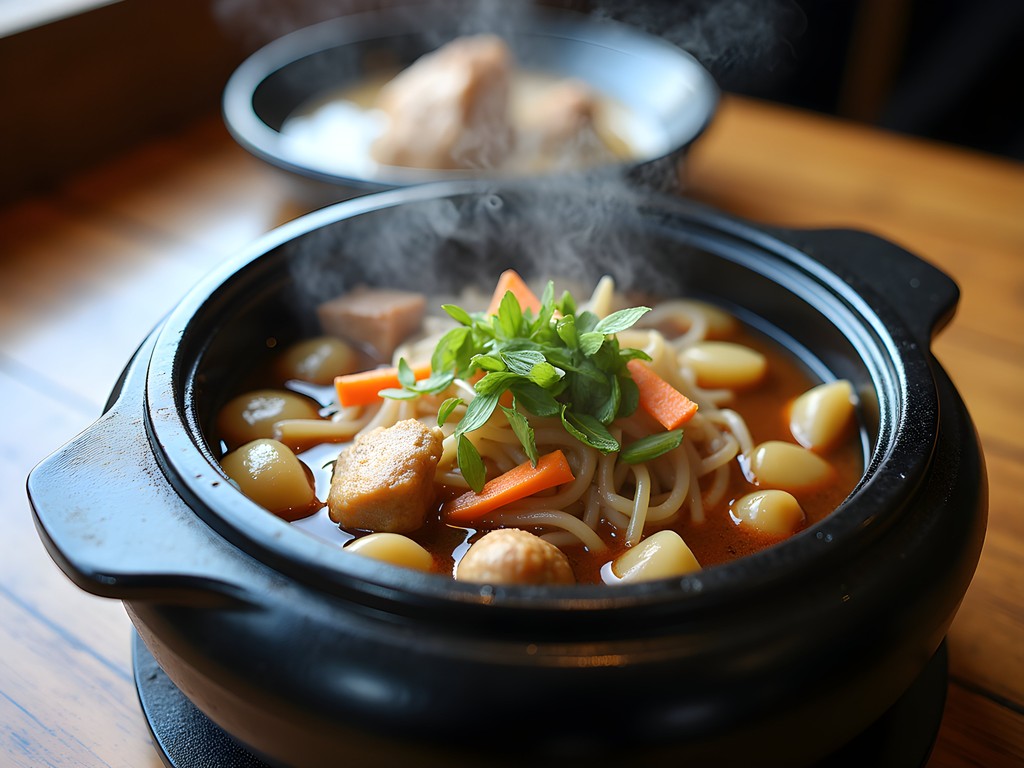 Large pot of Andong jjimdak with chicken, glass noodles, and vegetables in dark soy sauce
