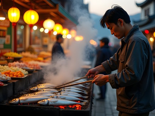 Grilled mackerel and street food vendors at Andong traditional market