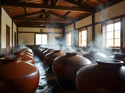 Traditional ceramic pots used for Andong soju fermentation at local distillery