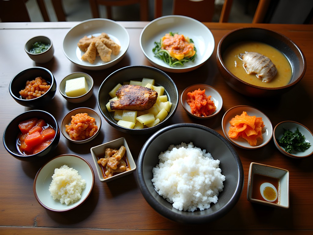 Traditional Korean breakfast spread with multiple banchan dishes at Hahoe Folk Village