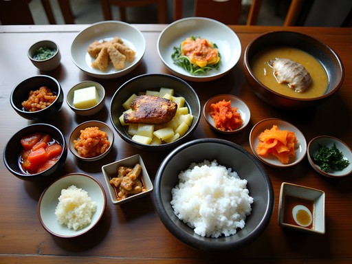 Traditional Korean breakfast spread with multiple banchan dishes at Hahoe Folk Village
