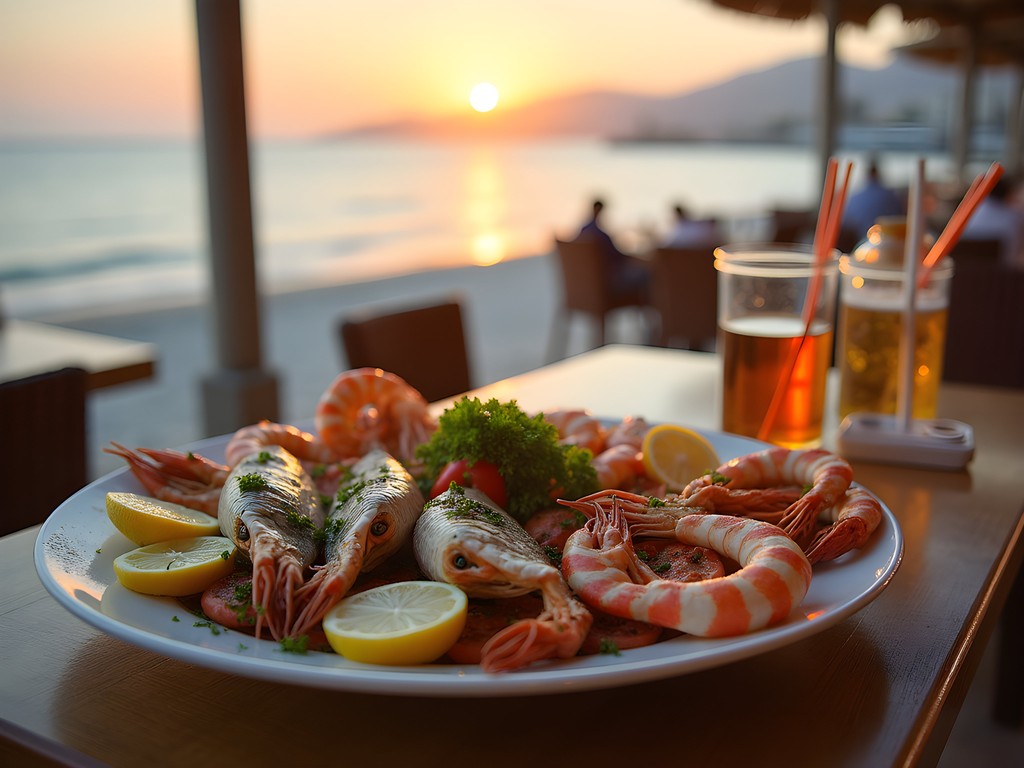 Elaborate seafood platter at beachfront restaurant in Aqaba during sunset