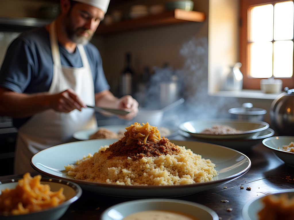 Traditional preparation of sayadieh fish dish in Aqaba kitchen