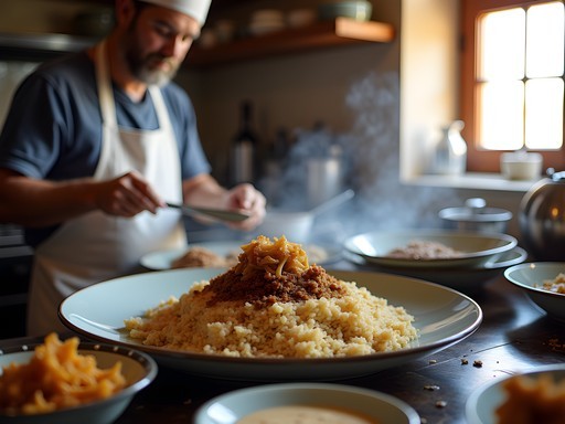 Traditional preparation of sayadieh fish dish in Aqaba kitchen