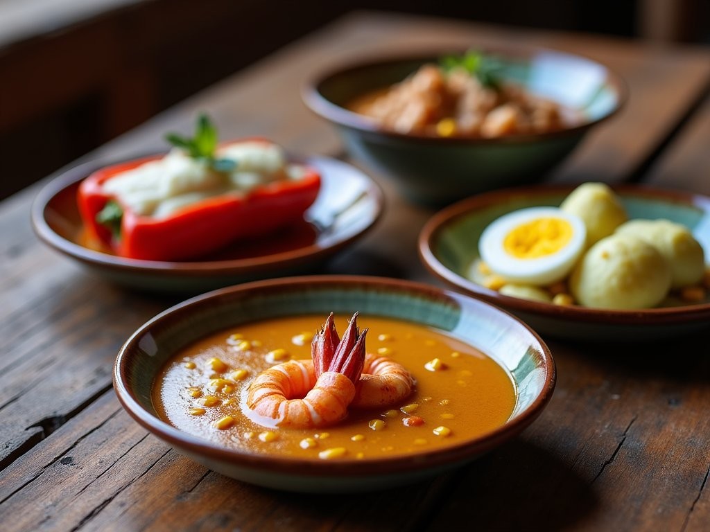 Traditional presentation of Arequipa's three classic dishes: rocoto relleno, chupe de camarones, and ocopa
