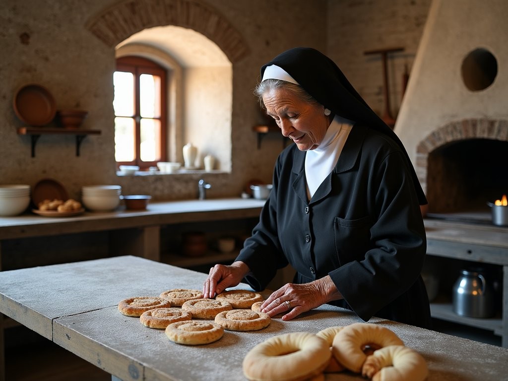Nun preparing traditional Arequipeñan convent desserts in Santa Catalina Monastery kitchen