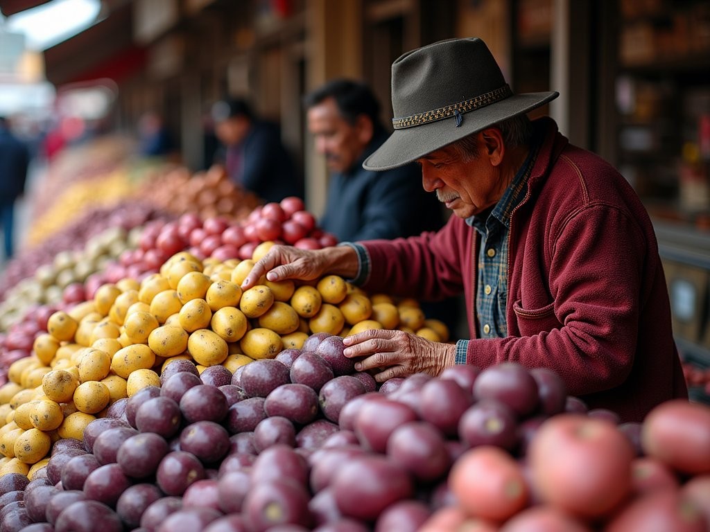 Diverse display of colorful native Peruvian potatoes at San Camilo Market in Arequipa