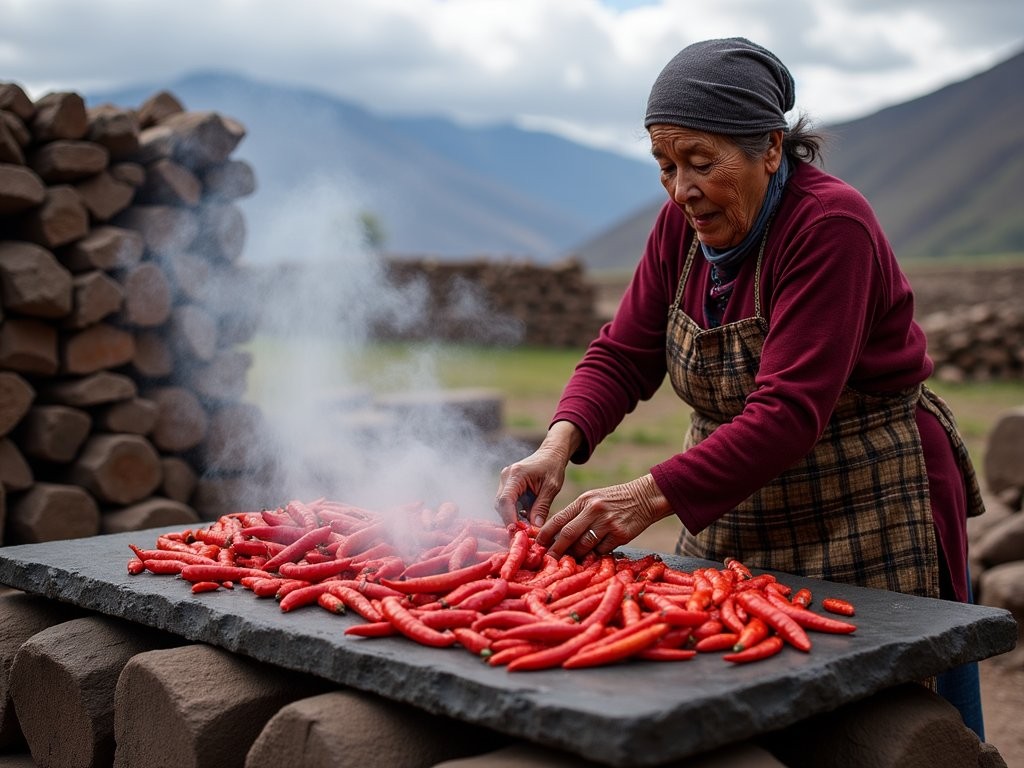 Traditional volcanic stone cooking demonstration in rural Arequipa with rocoto relleno preparation