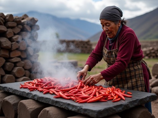 Traditional volcanic stone cooking demonstration in rural Arequipa with rocoto relleno preparation