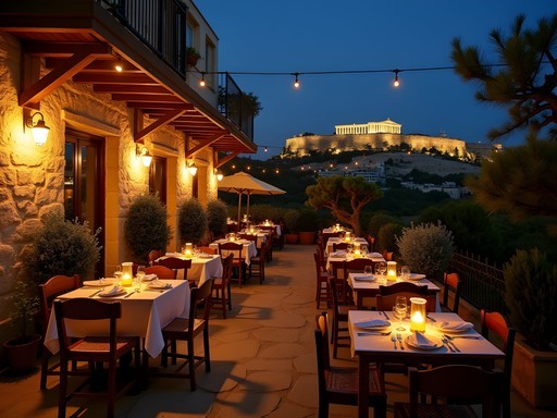 Terraced garden of Anafiotika Taverna with illuminated Acropolis view at night