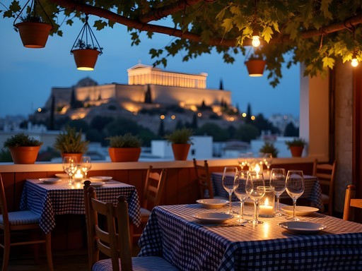 Traditional family-run Greek taverna rooftop with close-up Acropolis view at night