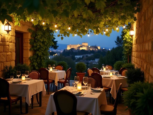 Lush garden taverna in Athens with tables under grapevines and Acropolis view