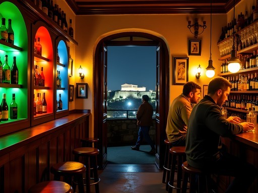 Atmospheric late-night Athens bar with colorful bottles and distant illuminated Acropolis