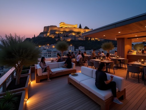 Stylish rooftop bar in Athens with panoramic Acropolis view during sunset