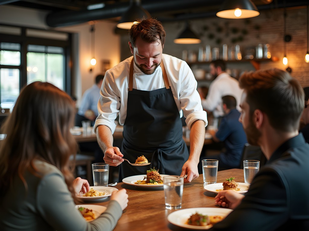 Chef presenting a dish tableside at Gunshow restaurant in Atlanta