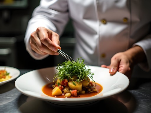 Chef carefully plating an artistic dish with tweezers in an Auburn restaurant kitchen