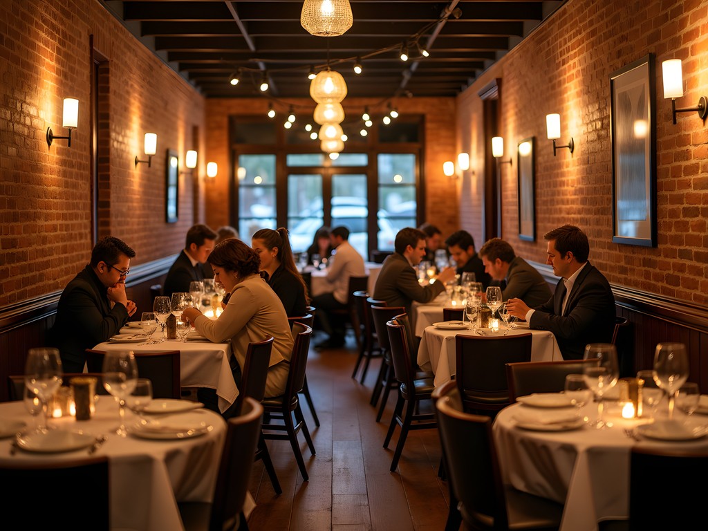 Evening scene of a cozy restaurant in downtown Auburn with exposed brick and warm lighting