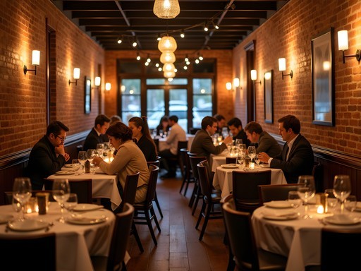 Evening scene of a cozy restaurant in downtown Auburn with exposed brick and warm lighting