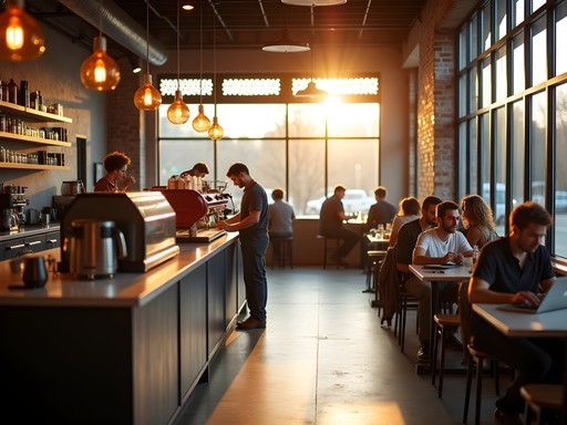 Early morning scene in an Auburn coffee shop with golden light streaming through windows