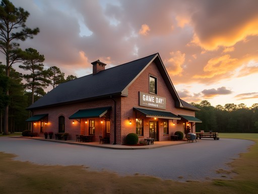 Rustic exterior of a repurposed warehouse restaurant outside Auburn at sunset
