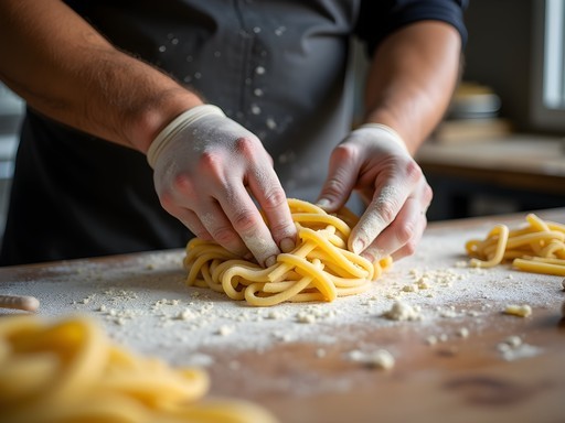 Fresh handmade pasta being prepared at Patrizi's food truck in North Austin