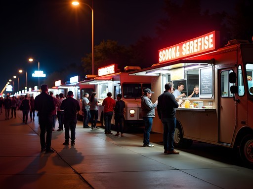 Bustling late-night food truck scene in Austin with illuminated trucks serving customers after dark