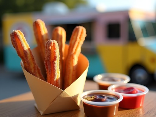 Freshly made churros with various dipping sauces from an Austin dessert truck