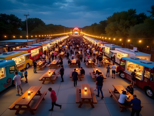 Lively Austin food truck festival with multiple trucks, string lights, and live music