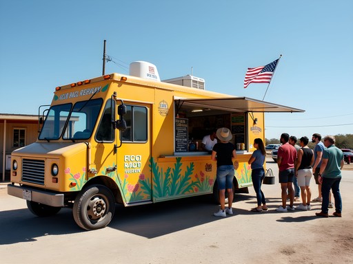 Authentic Austin taco truck with colorful exterior and line of customers