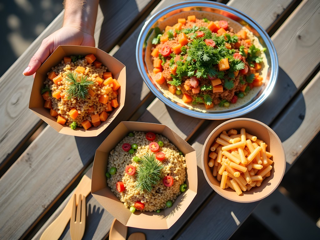 Diverse international dishes from Austin food trucks displayed on a wooden table