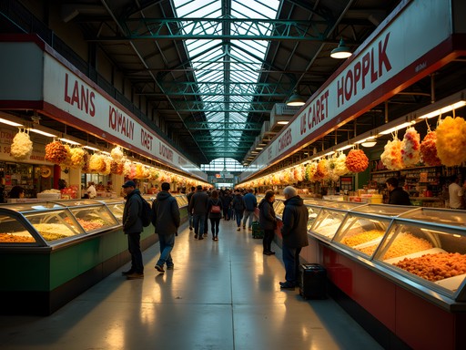 Interior of historic Lexington Market in Baltimore with diverse food stalls and local shoppers
