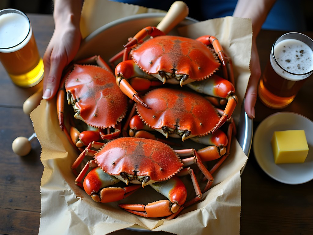 Traditional Maryland crab feast with steamed blue crabs covered in Old Bay seasoning on a paper-covered table