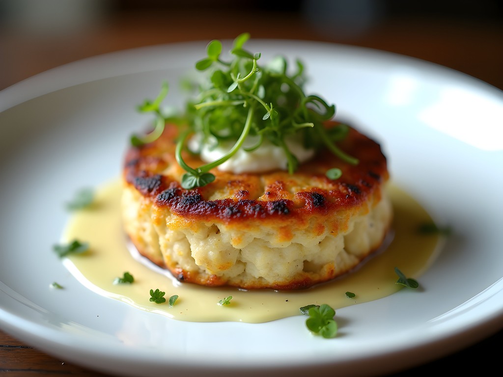 Modern presentation of Baltimore crab cake with microgreens and aioli