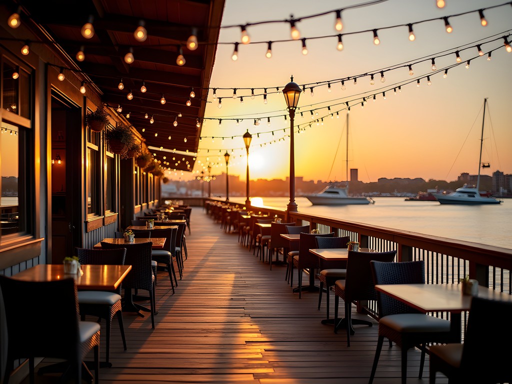 Waterfront crab house in Baltimore at sunset with harbor views